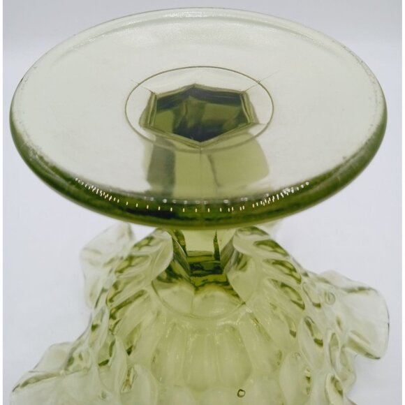 Vintage Fenton Glass Candy Dish Pedestal Green Thumbprint Ruffle Rim Compote 6" - Picture 12 of 15